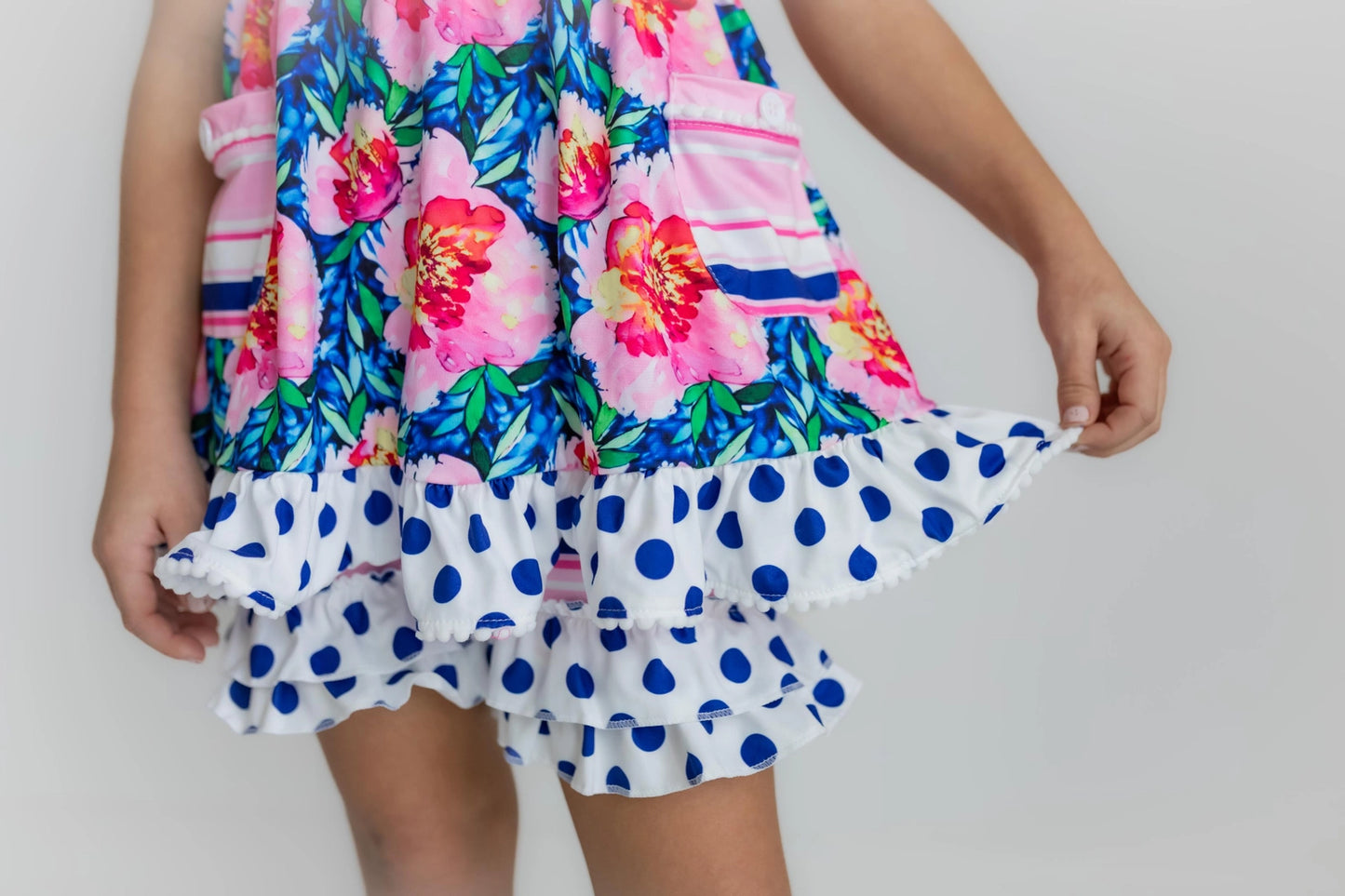 Pink Floral and Navy Polka Dot Ruffle Shorties Set