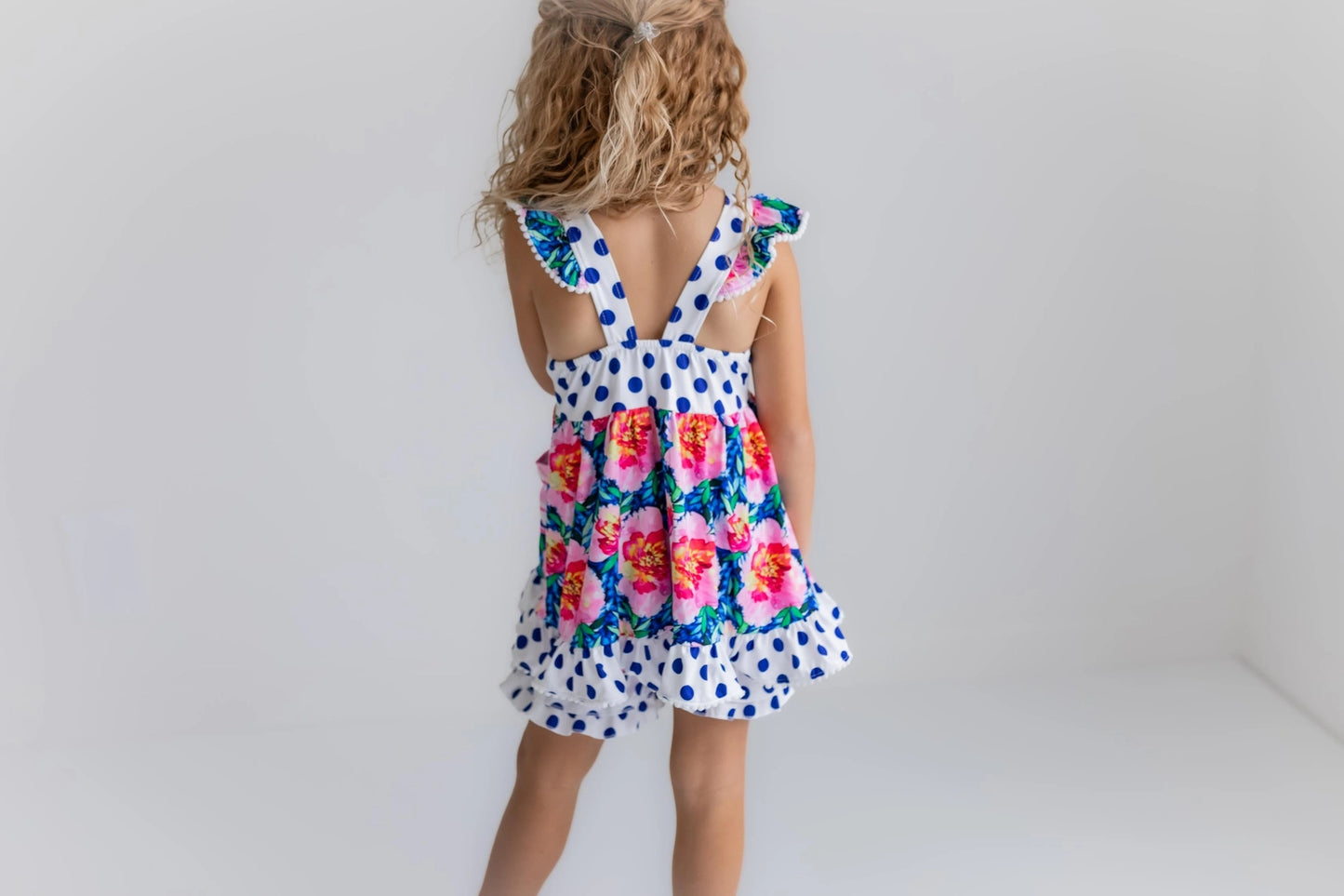 Pink Floral and Navy Polka Dot Ruffle Shorties Set